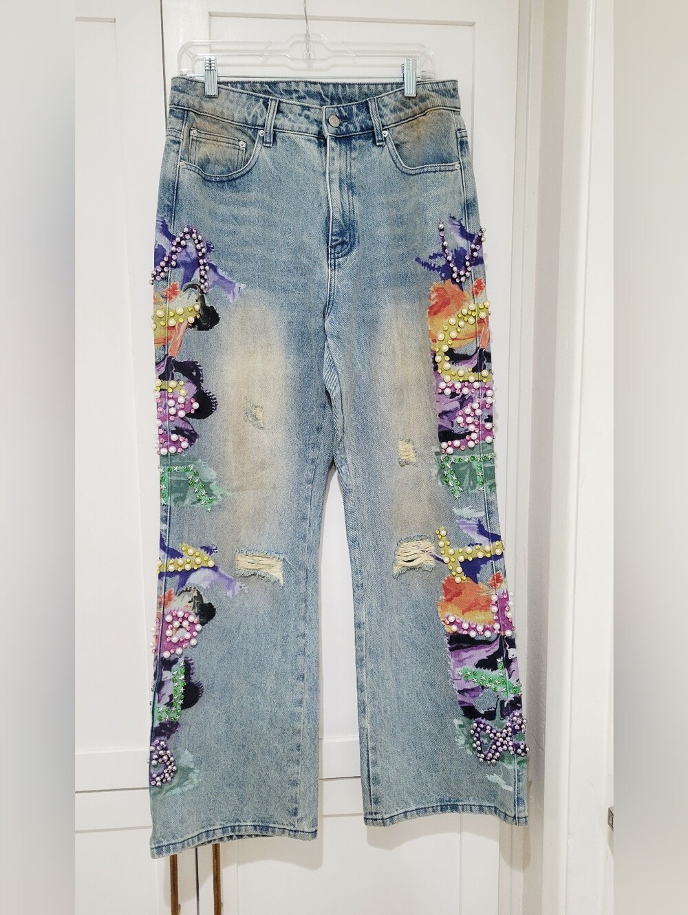 Sume "Heaven Stained" Light Blue Floral & Pearl Embellished Denim Jeans |  32
